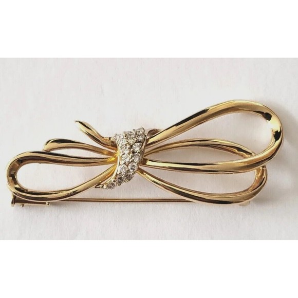 Vintage 14K Yellow & Diamond Ribbon Bow Pin Brooch 9.8 grams 2 1/2" L X 1 1/8" H - Picture 3 of 16